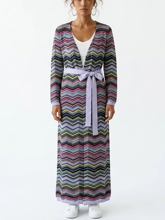 Long Multicolored Chevron Cardigan with Tie Belt - Sweaters & Knitwear