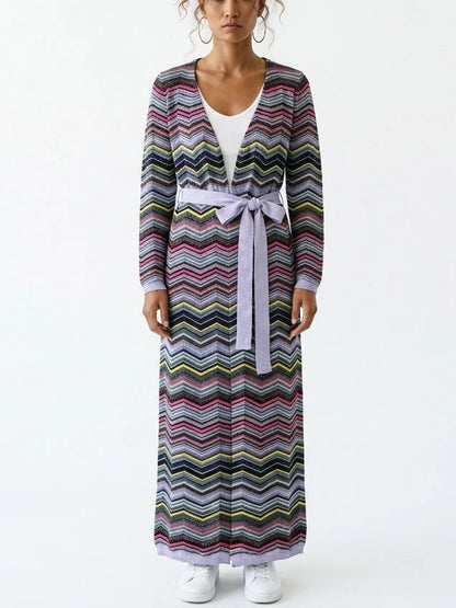 Long Multicolored Chevron Cardigan with Tie Belt - Sweaters & Knitwear