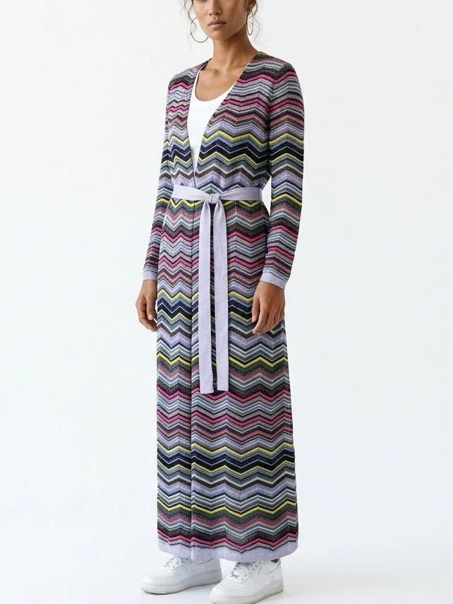 Long Multicolored Chevron Cardigan with Tie Belt - Sweaters & Knitwear