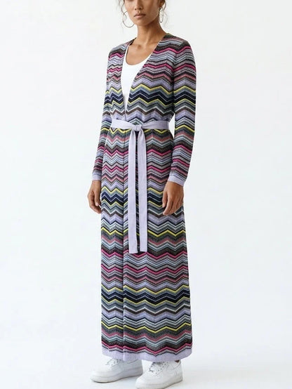 Long Multicolored Chevron Cardigan with Tie Belt - Sweaters & Knitwear