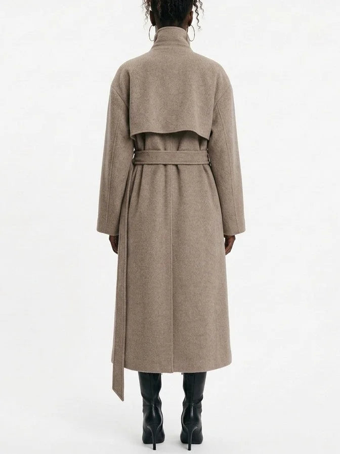 Long Oatmeal Double Breasted Wool Blend Coat - Coats