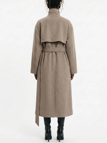 Long Oatmeal Double Breasted Wool Blend Coat - Coats
