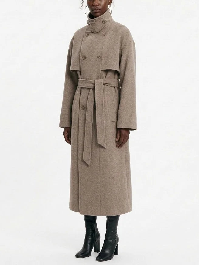 Long Oatmeal Double Breasted Wool Blend Coat - Coats