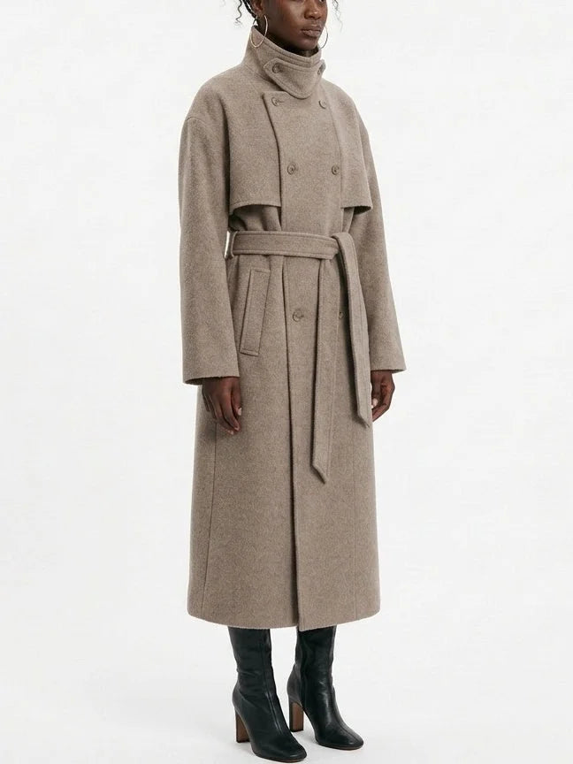 Long Oatmeal Double Breasted Wool Blend Coat - Coats