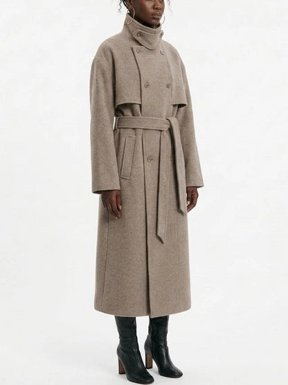Long Oatmeal Double Breasted Wool Blend Coat - Coats