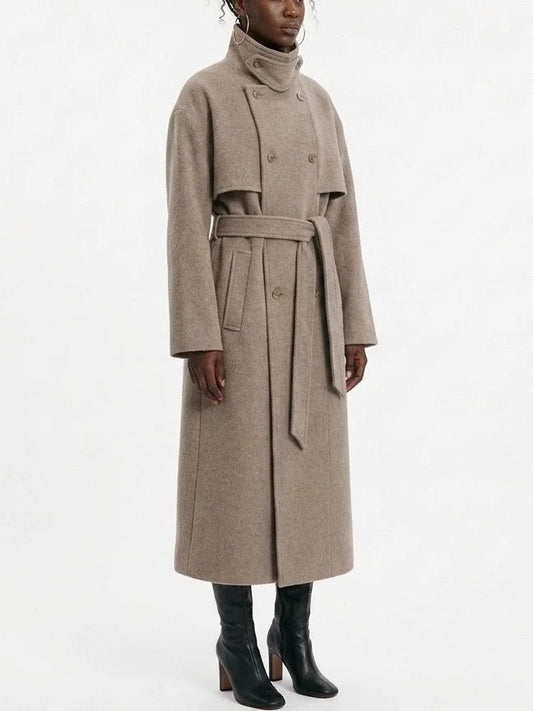 Long Oatmeal Double Breasted Wool Blend Coat - Coats