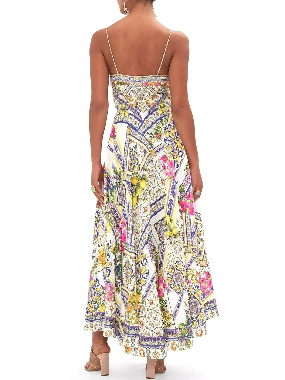 Long Printed Silk Dress with Front Tie - Dresses
