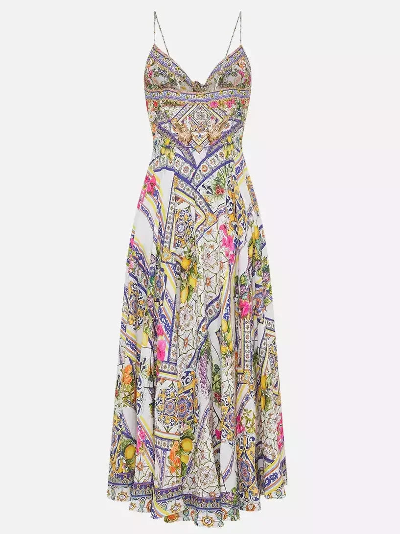 Long Printed Silk Dress with Front Tie - Dresses