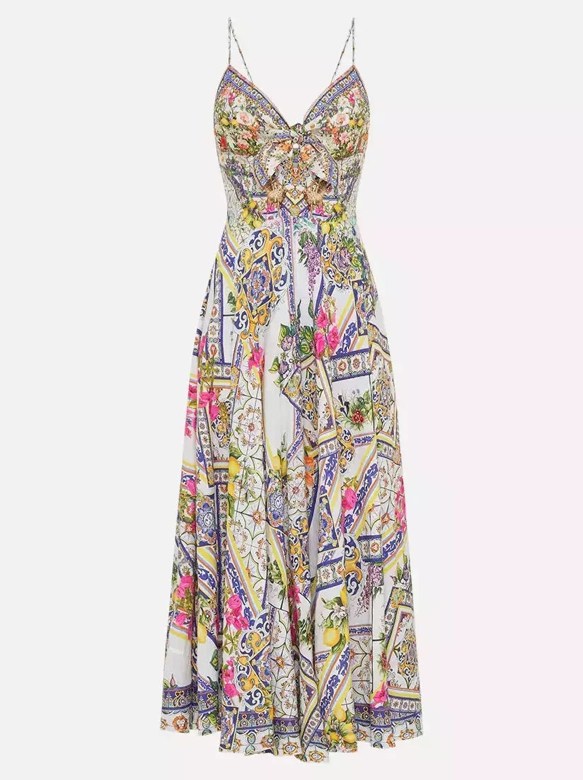 Long Printed Silk Dress with Front Tie - Dresses
