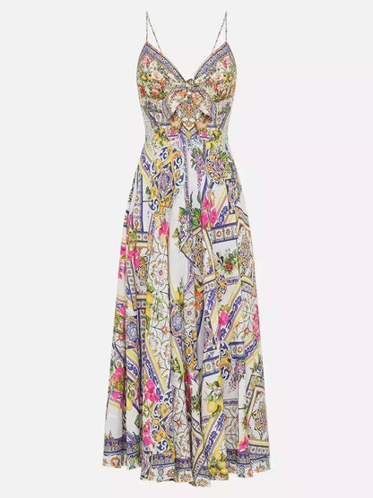 Long Printed Silk Dress with Front Tie - Dresses