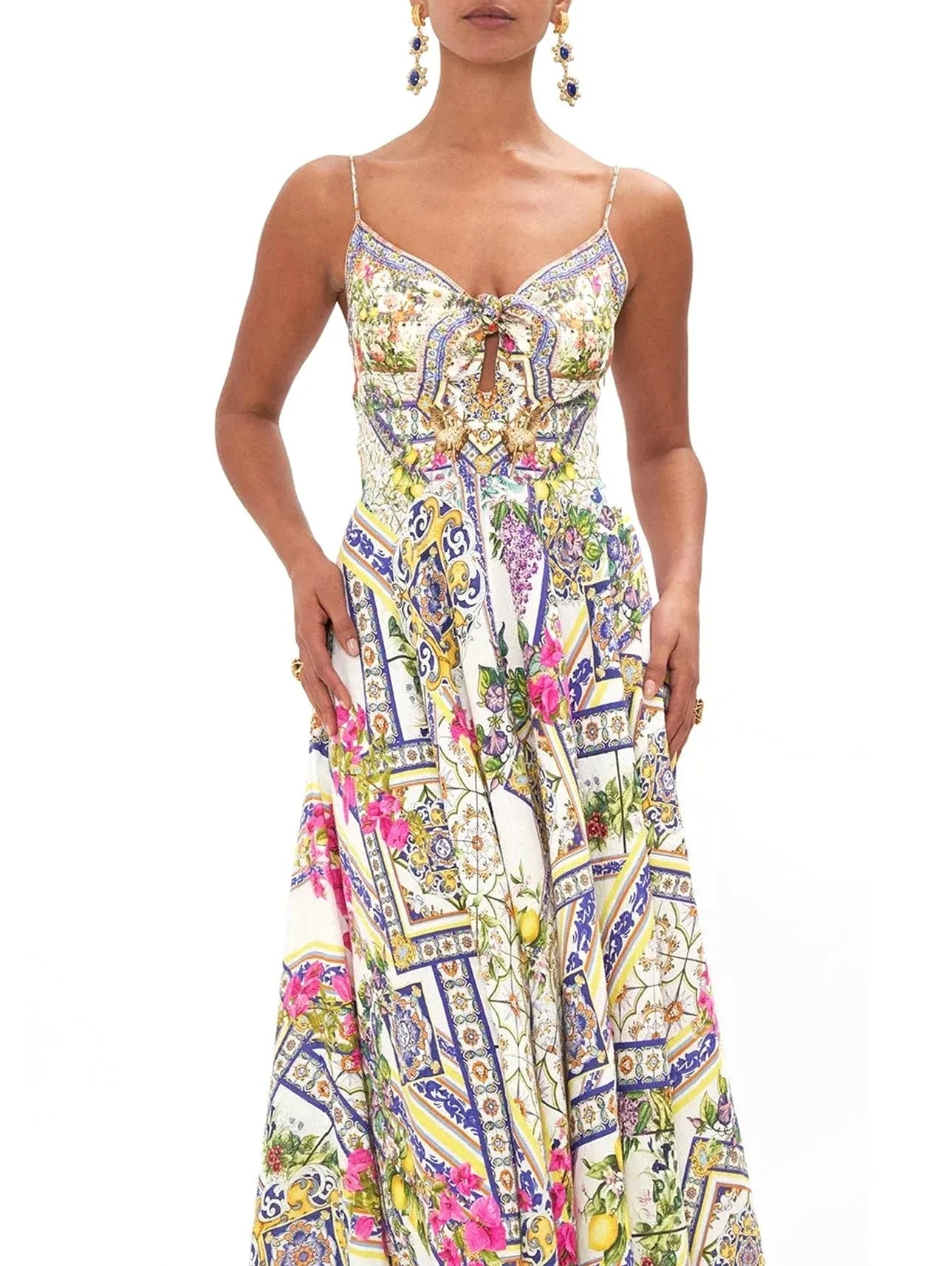 Long Printed Silk Dress with Front Tie - Dresses
