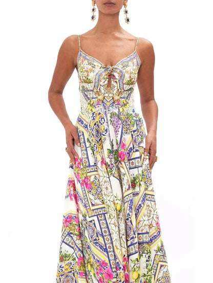Long Printed Silk Dress with Front Tie - Dresses