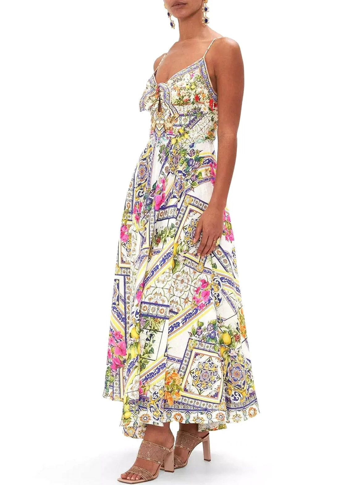 Long Printed Silk Dress with Front Tie - Dresses