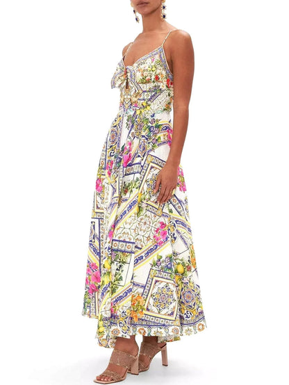 Long Printed Silk Dress with Front Tie - Dresses