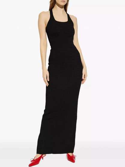 Long Racerback Crocodile Embossed Tank Dress in Black
