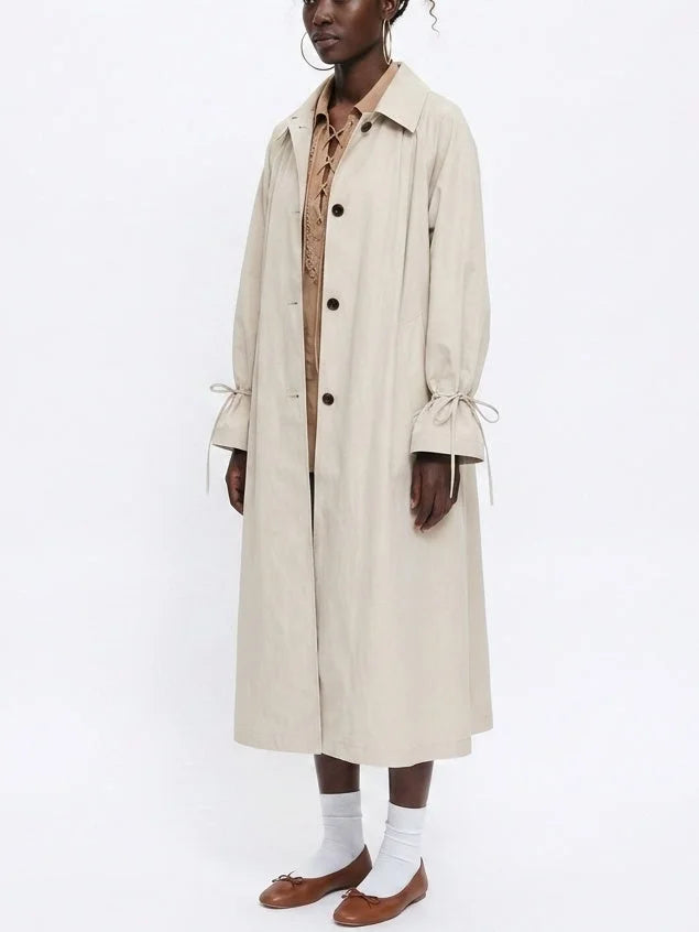 Long Single-Breasted Trench Coat with Tie Cuffs - Coats