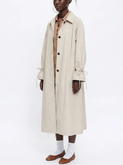 Long Single-Breasted Trench Coat with Tie Cuffs - Coats