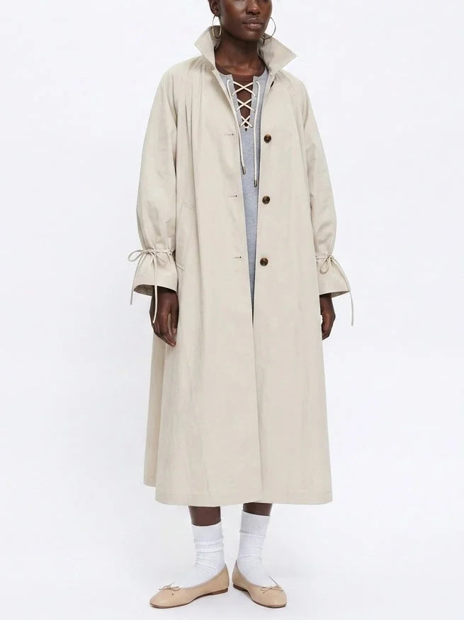 Long Single-Breasted Trench Coat with Tie Cuffs - Coats