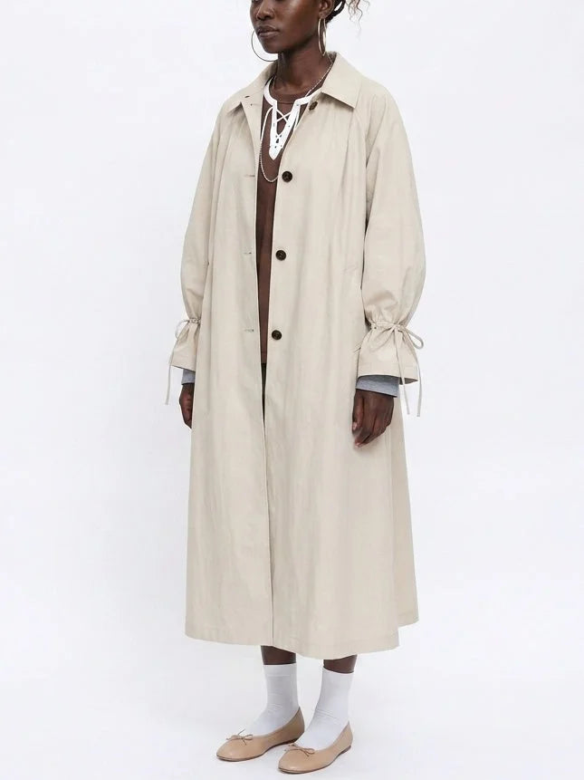 Long Single-Breasted Trench Coat with Tie Cuffs - Coats