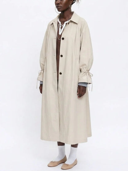 Long Single-Breasted Trench Coat with Tie Cuffs - Coats