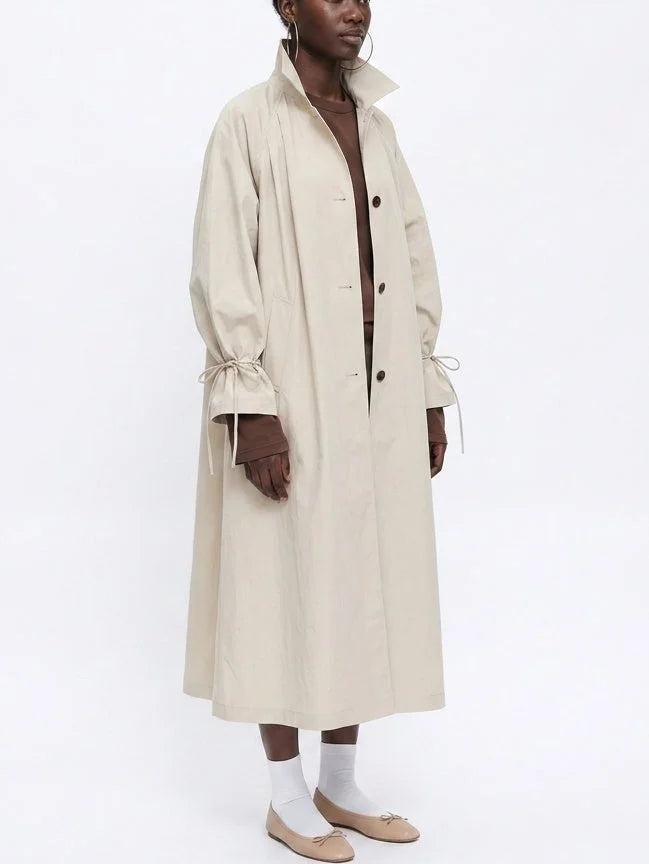 Long Single-Breasted Trench Coat with Tie Cuffs - Coats