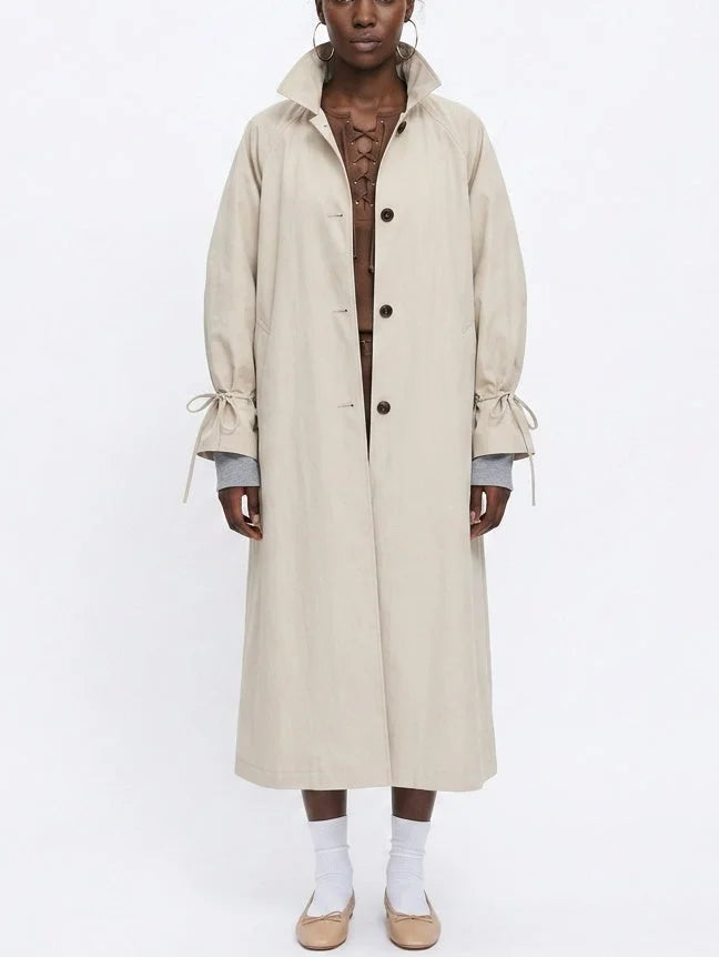 Long Single-Breasted Trench Coat with Tie Cuffs - Coats