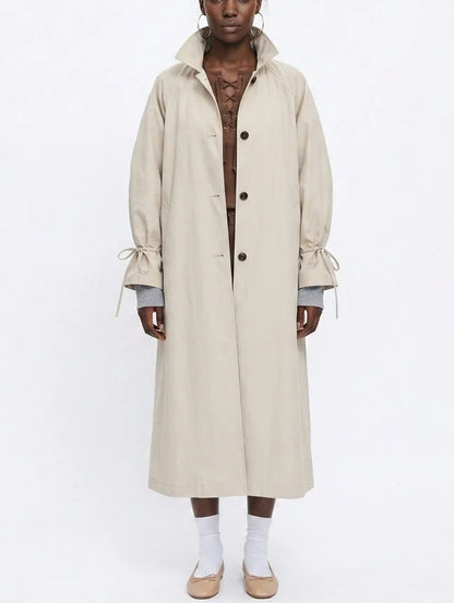 Long Single-Breasted Trench Coat with Tie Cuffs - Coats