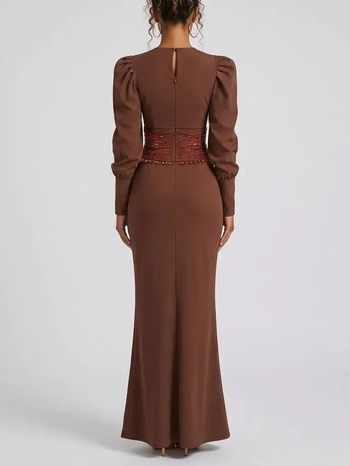Long Sleeve Maxi Dress with Beaded Waist Belt - Dresses