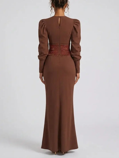 Long Sleeve Maxi Dress with Beaded Waist Belt - Dresses