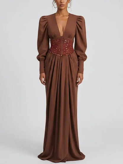 Long Sleeve Maxi Dress with Beaded Waist Belt - Dresses