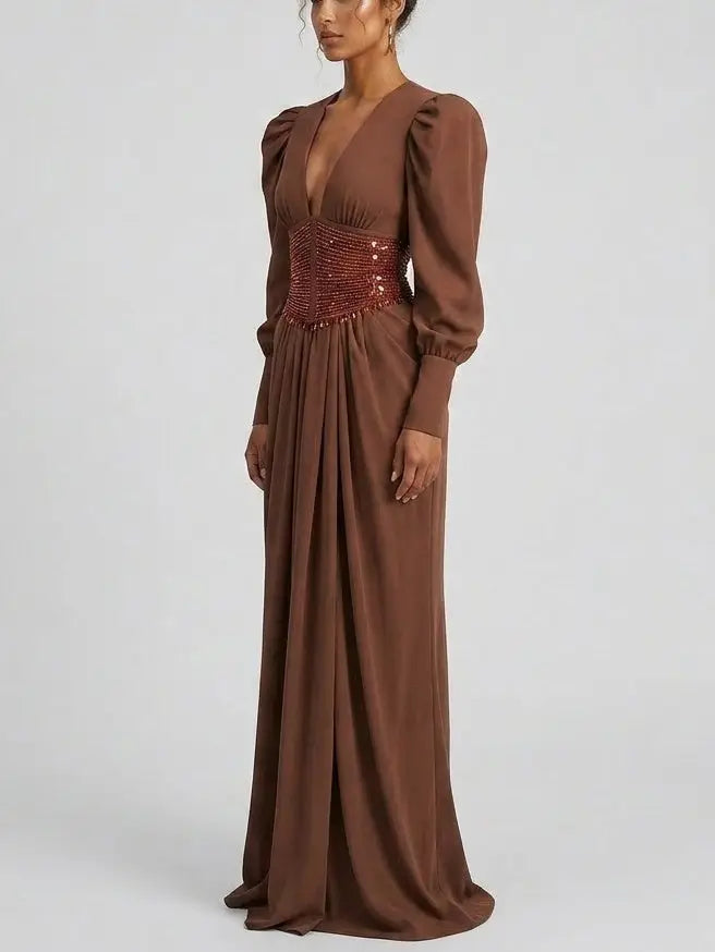Long Sleeve Maxi Dress with Beaded Waist Belt - Dresses