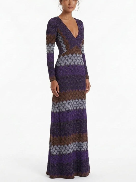 Long Sleeve V-Neck Lamé Knit Maxi Dress - Dresses