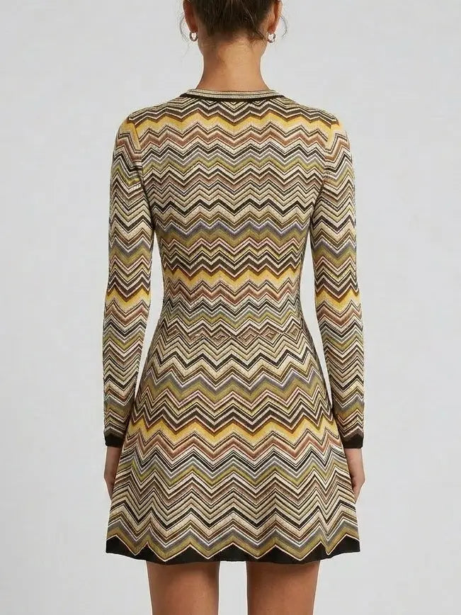 Long Sleeve Zig Zag Knit Fit and Flare Mini Dress - Dresses