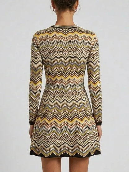 Long Sleeve Zig Zag Knit Fit and Flare Mini Dress - Dresses