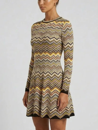 Long Sleeve Zig Zag Knit Fit and Flare Mini Dress - Dresses