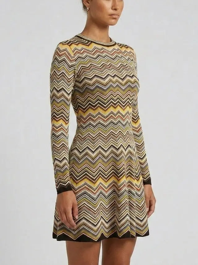 Long Sleeve Zig Zag Knit Fit and Flare Mini Dress - Dresses