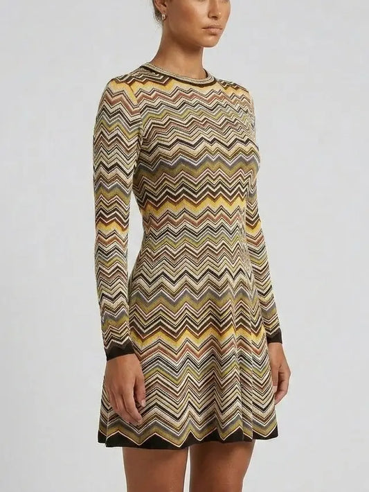 Long Sleeve Zig Zag Knit Fit and Flare Mini Dress - Dresses