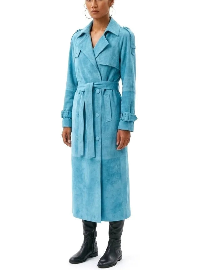 Long Turquoise Blue Suede Belted Trench Coat - Coats