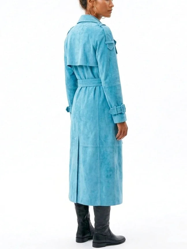 Long Turquoise Blue Suede Belted Trench Coat - Coats
