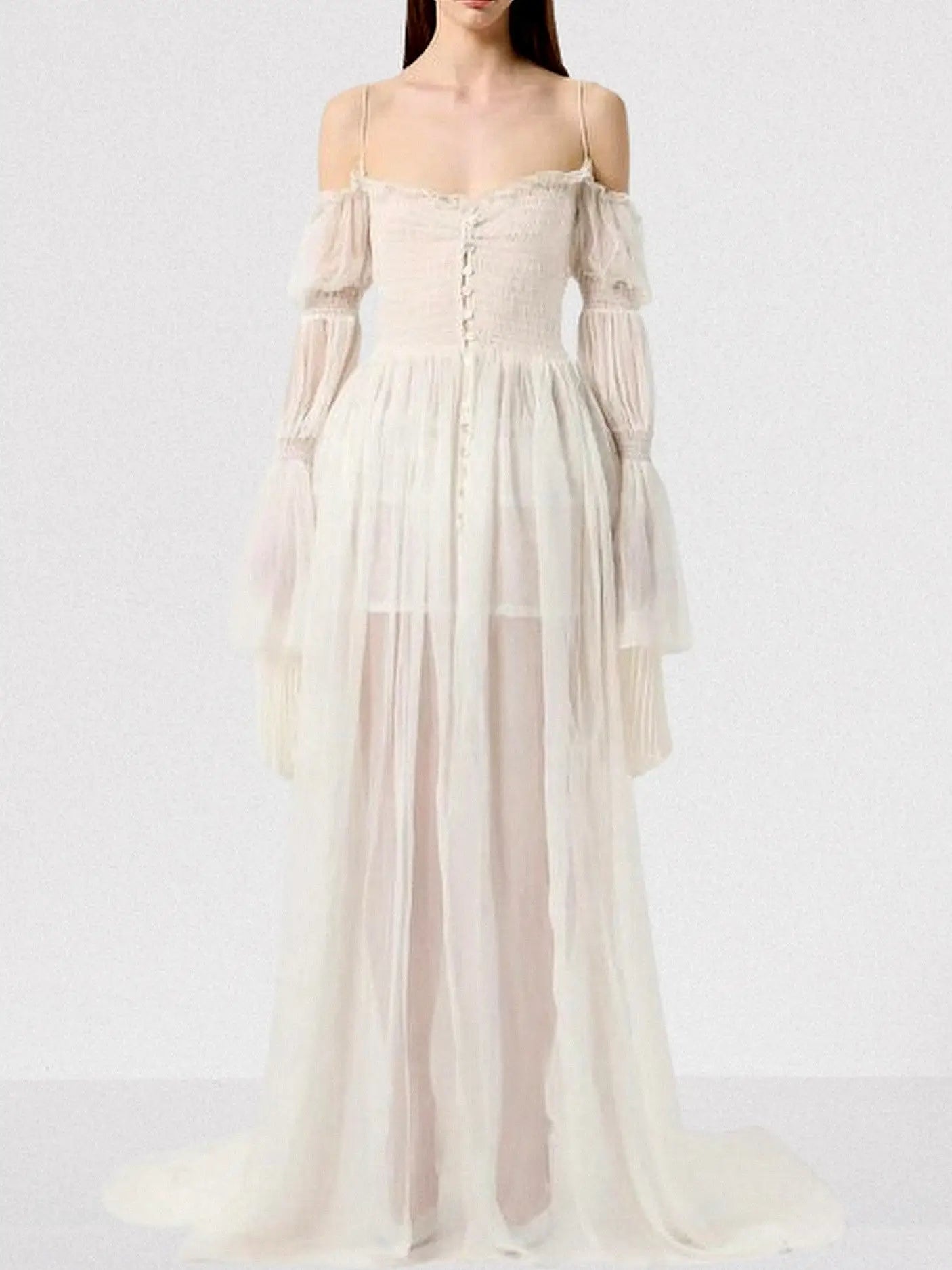 Long White Ruched Off-Shoulder Chiffon Maxi Dress - Dresses
