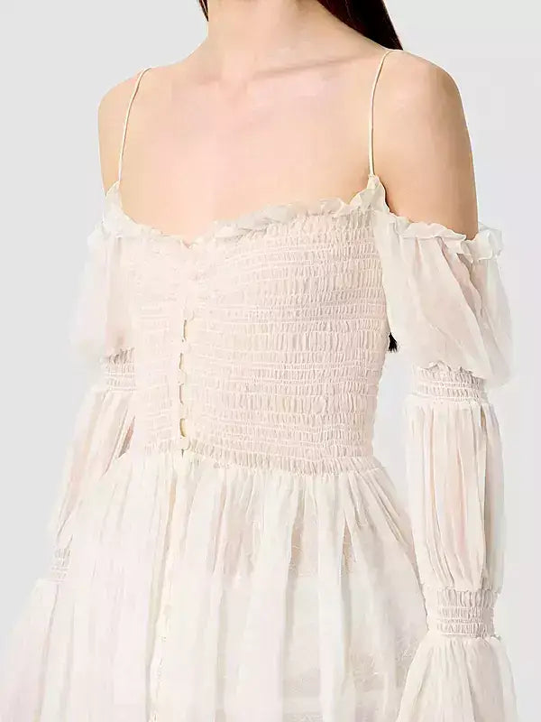 Long White Ruched Off-Shoulder Chiffon Maxi Dress - Dresses