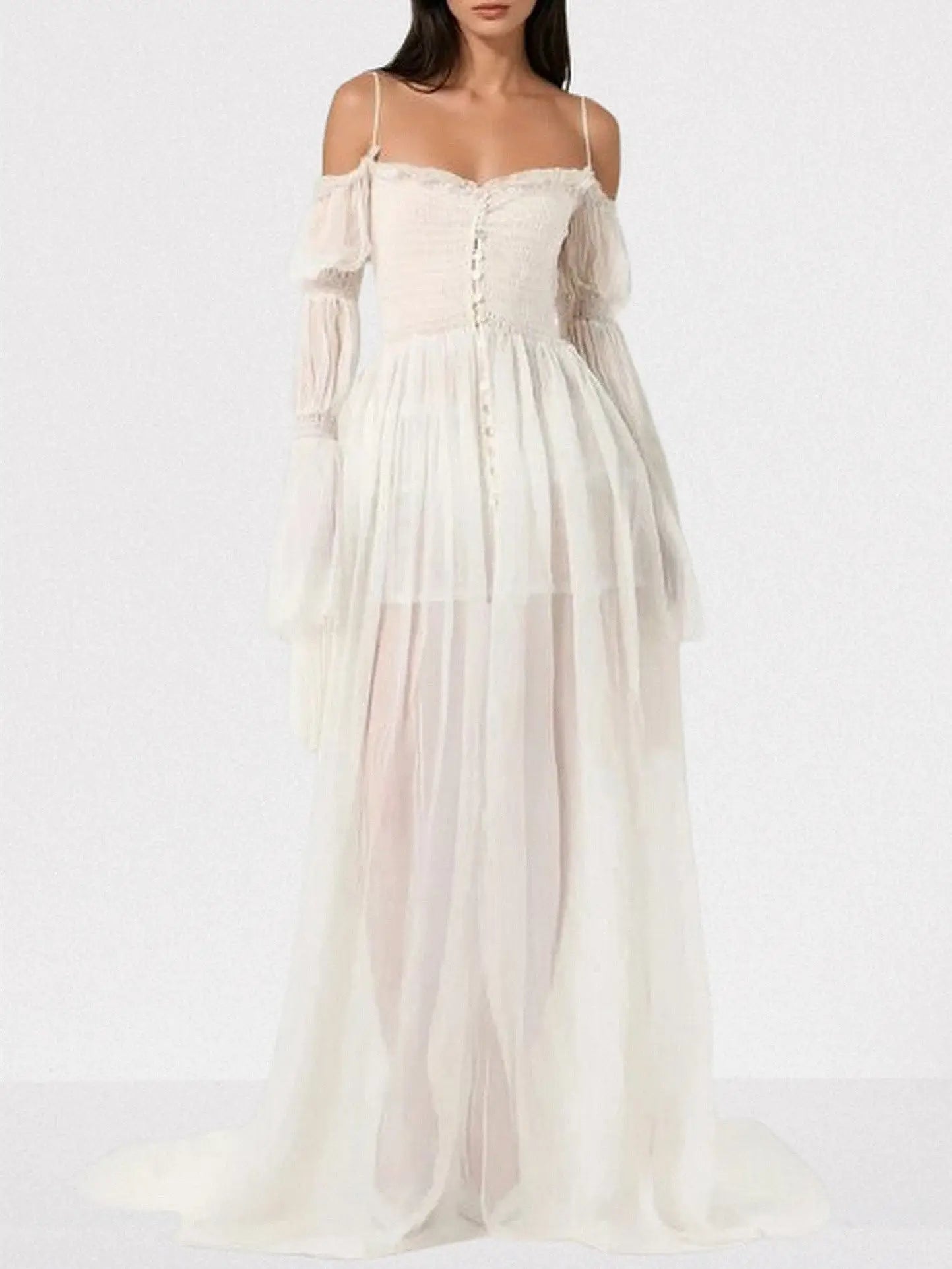 Long White Ruched Off-Shoulder Chiffon Maxi Dress - Dresses