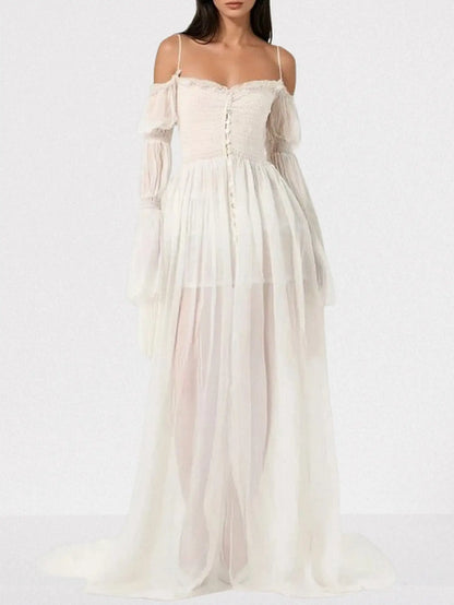 Long White Ruched Off-Shoulder Chiffon Maxi Dress - Dresses