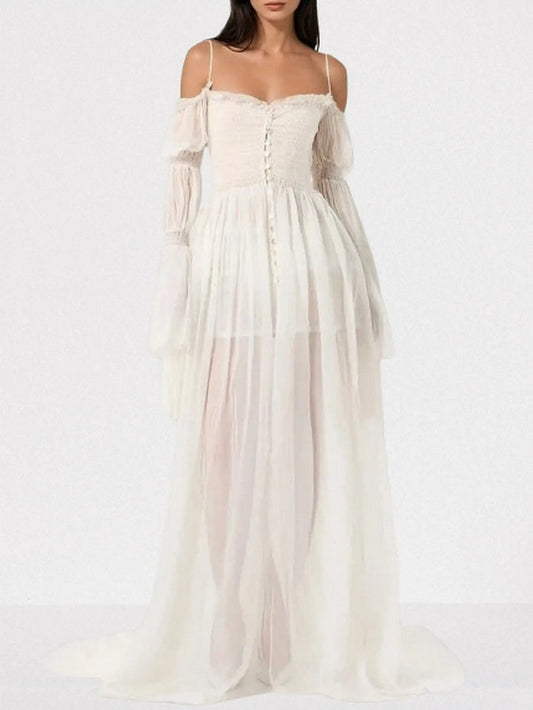 Long White Ruched Off-Shoulder Chiffon Maxi Dress - Dresses