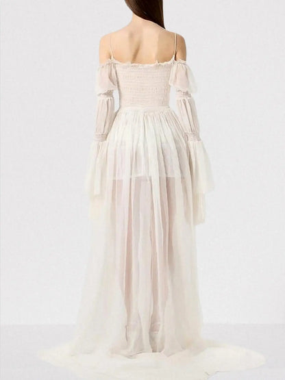 Long White Ruched Off-Shoulder Chiffon Maxi Dress - Dresses