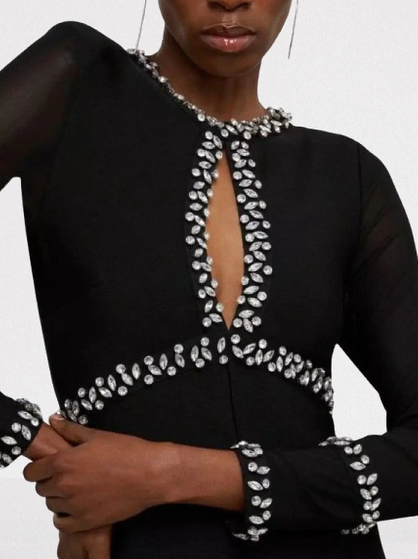 Crystal-Embellished Black Keyhole Evening Dress - Dresses
