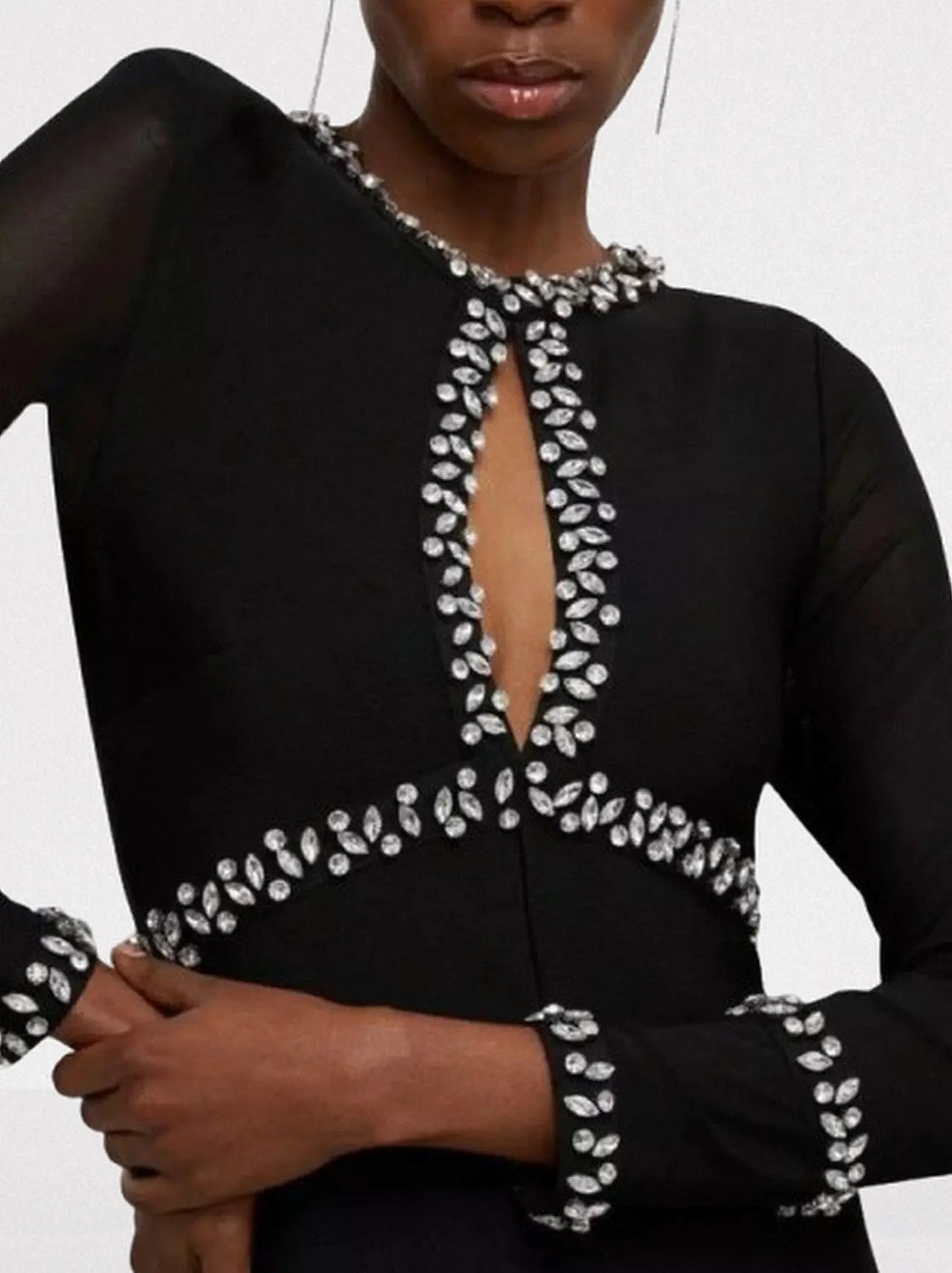 Crystal-Embellished Black Keyhole Evening Dress - Dresses