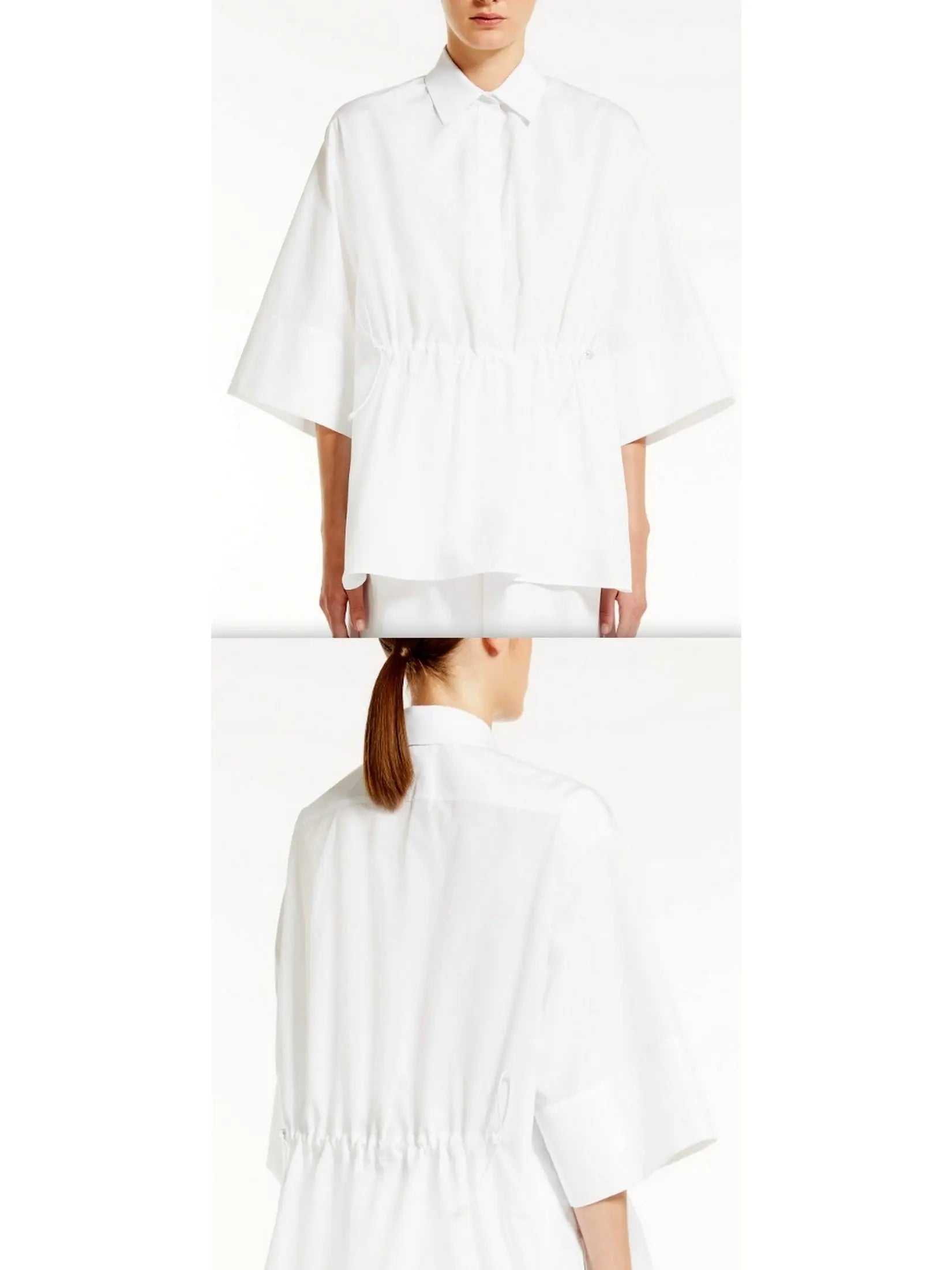 Loose-Fitting Cotton Poplin Shirt with Drawstring Waist in White - Branna Couture