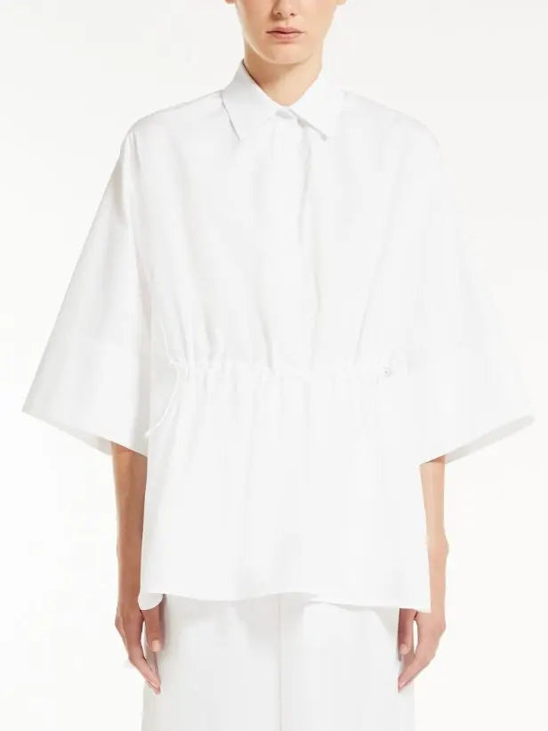 Loose-Fitting Cotton Poplin Shirt with Drawstring Waist in White - Branna Couture