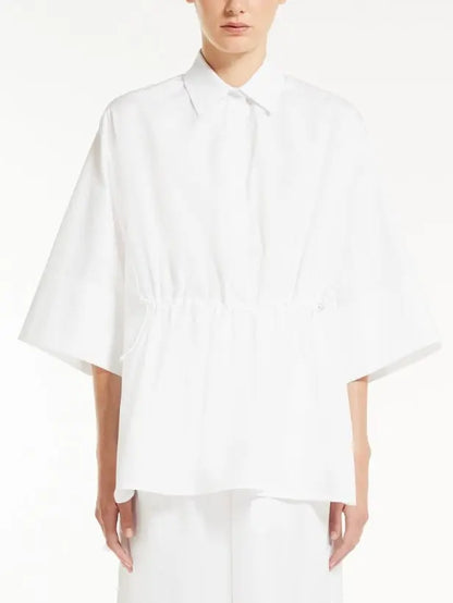 Loose-Fitting Cotton Poplin Shirt with Drawstring Waist in White - Branna Couture